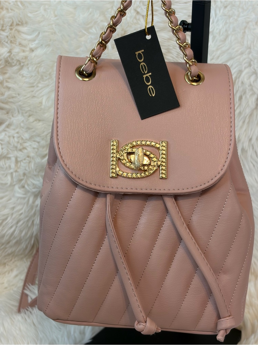 bebe Blush Mini Quilted Leather Drawstring Backpack with Gold Hardware - Picture 4 of 6